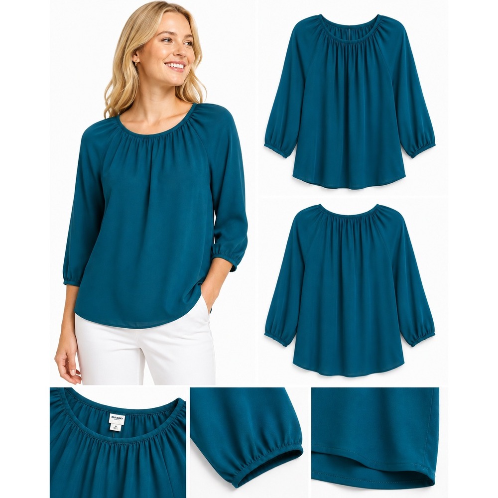 Old Navy Blouse M 3/4 Sleeve Gathered Neck Casual Office Wear Jewel Tone